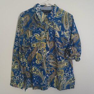 JONES NEW YORK SIGNATURE WOMEN'S TOP BLUE PAISLEY ROLL TAB SLEEVE BUTTON UP XL